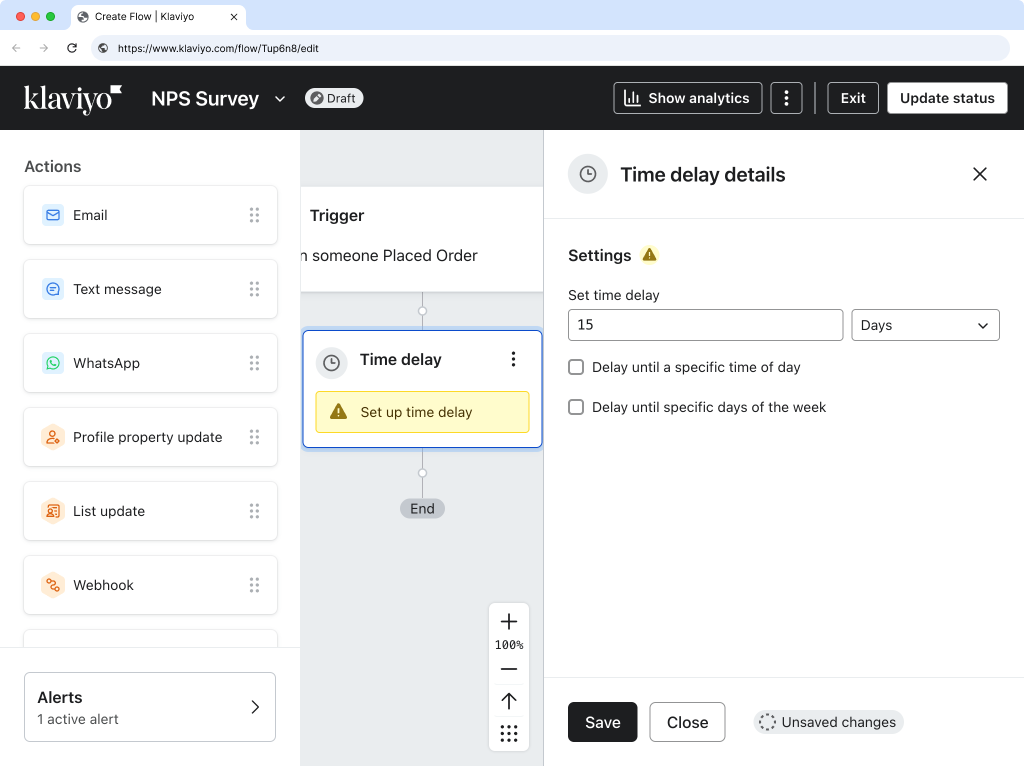 Klaviyo Time Delay configuration with delay value and Save button