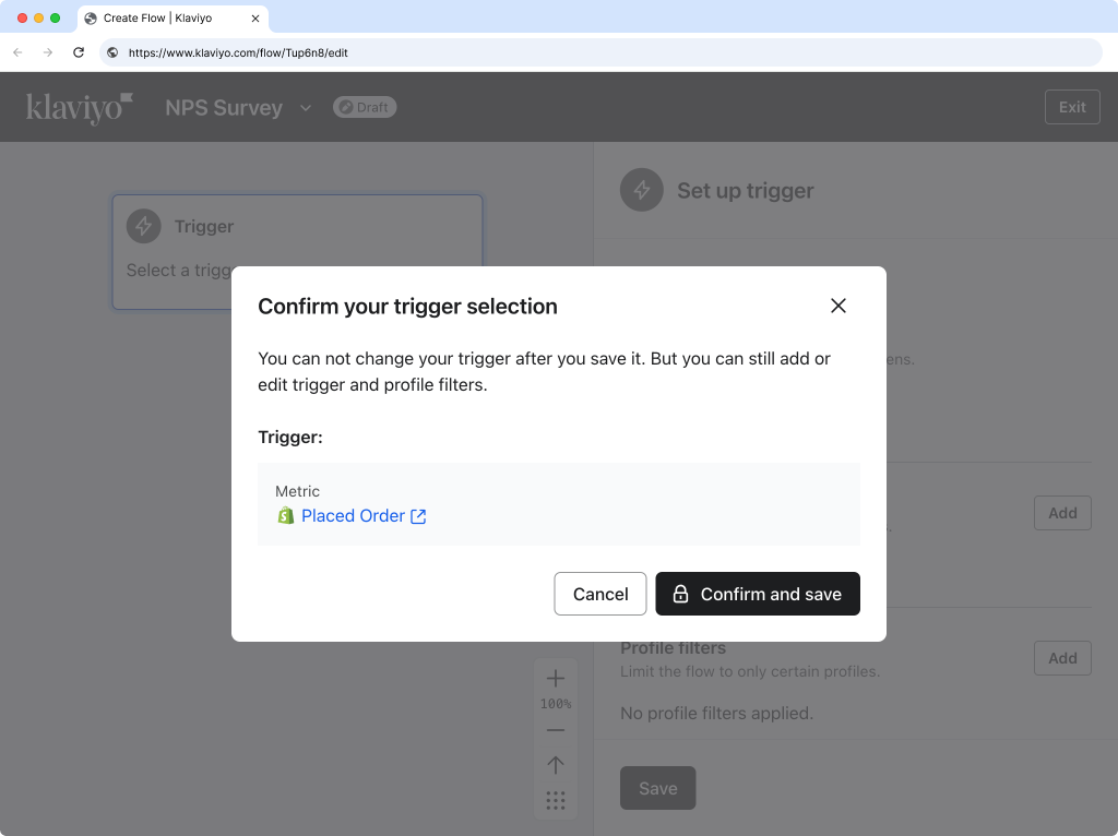 Klaviyo confirmation dialog for Placed Order trigger