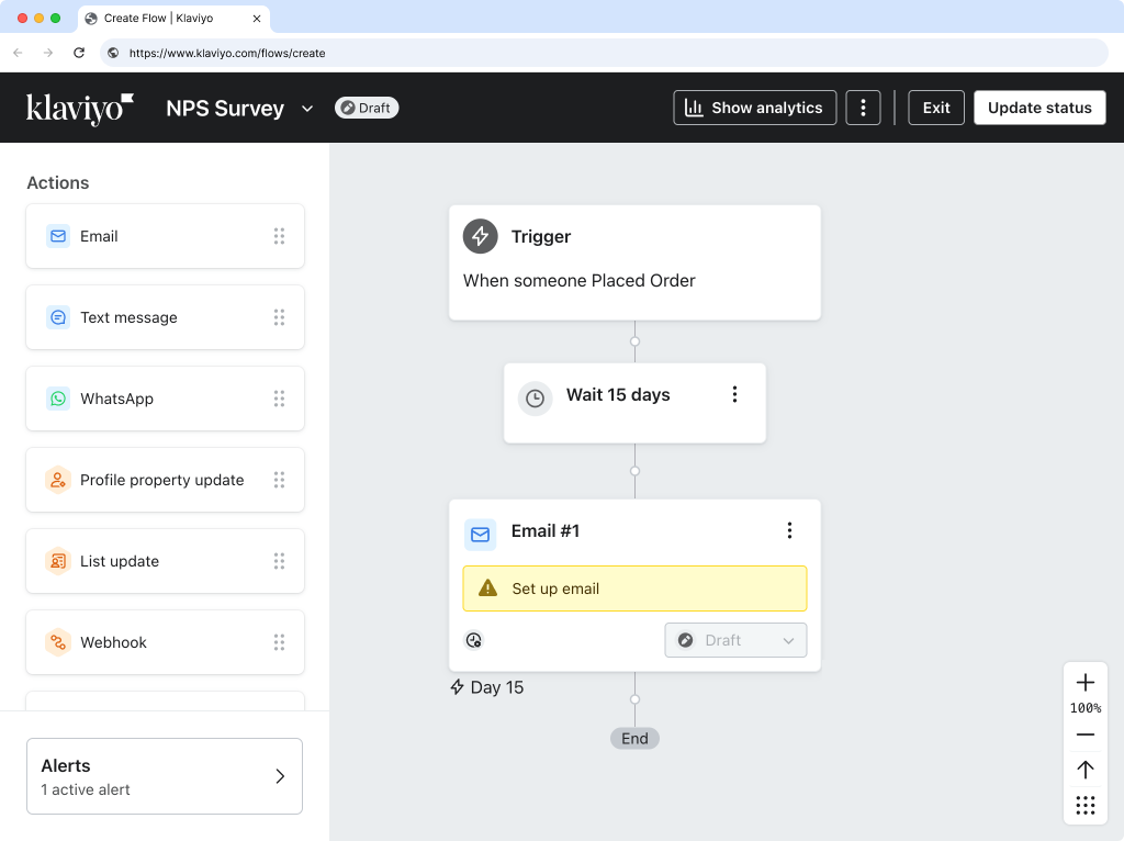 Klaviyo flow editor showing Email action being added