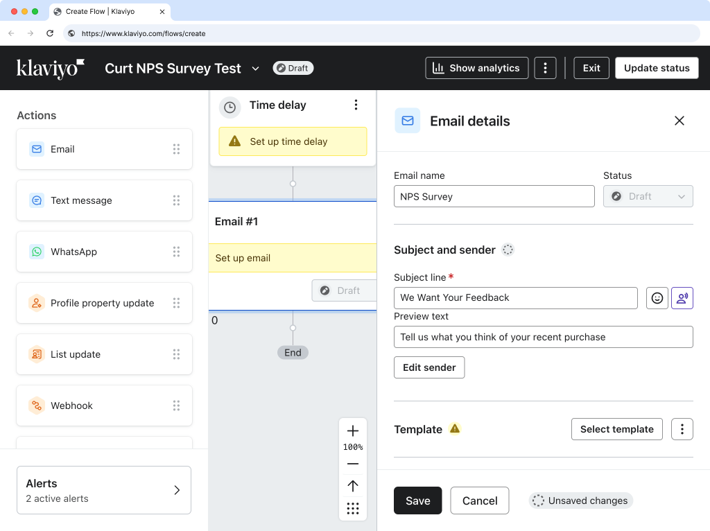 Klaviyo email configuration with name, subject, and preview text fields