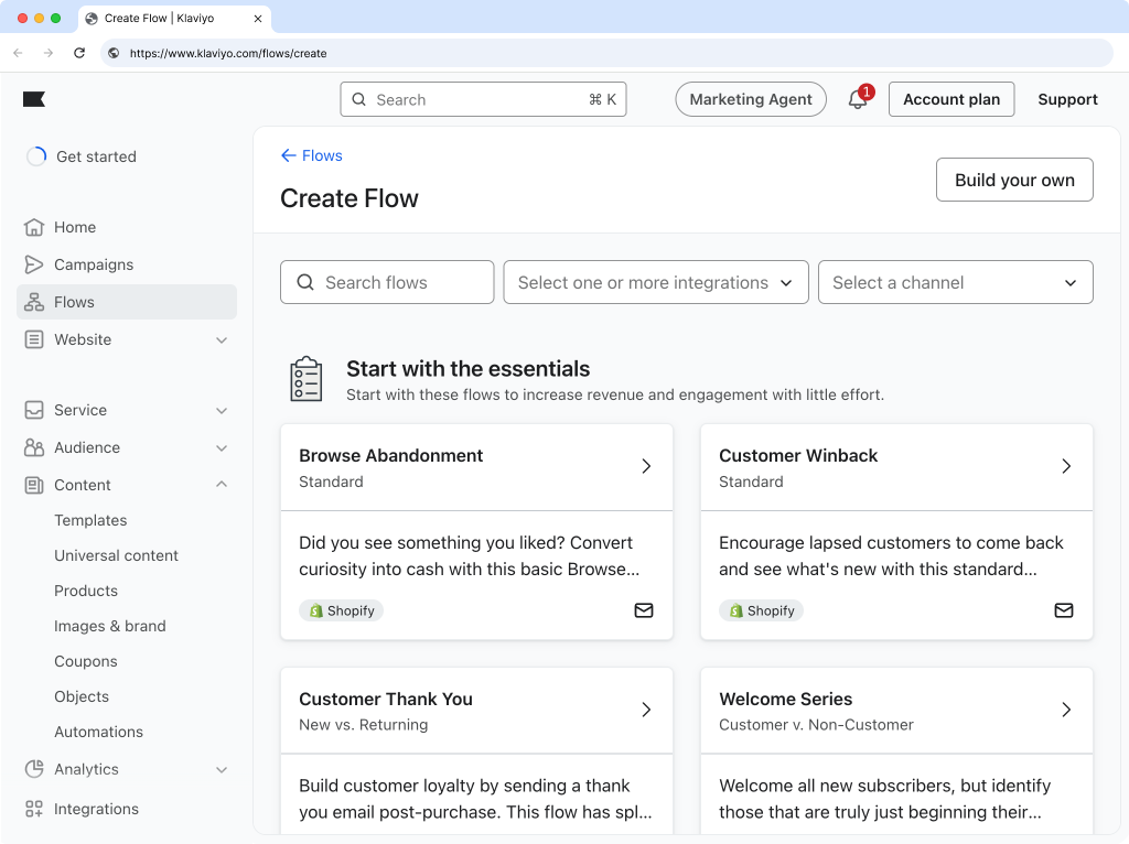 Klaviyo Create Flow page with Build your own option highlighted