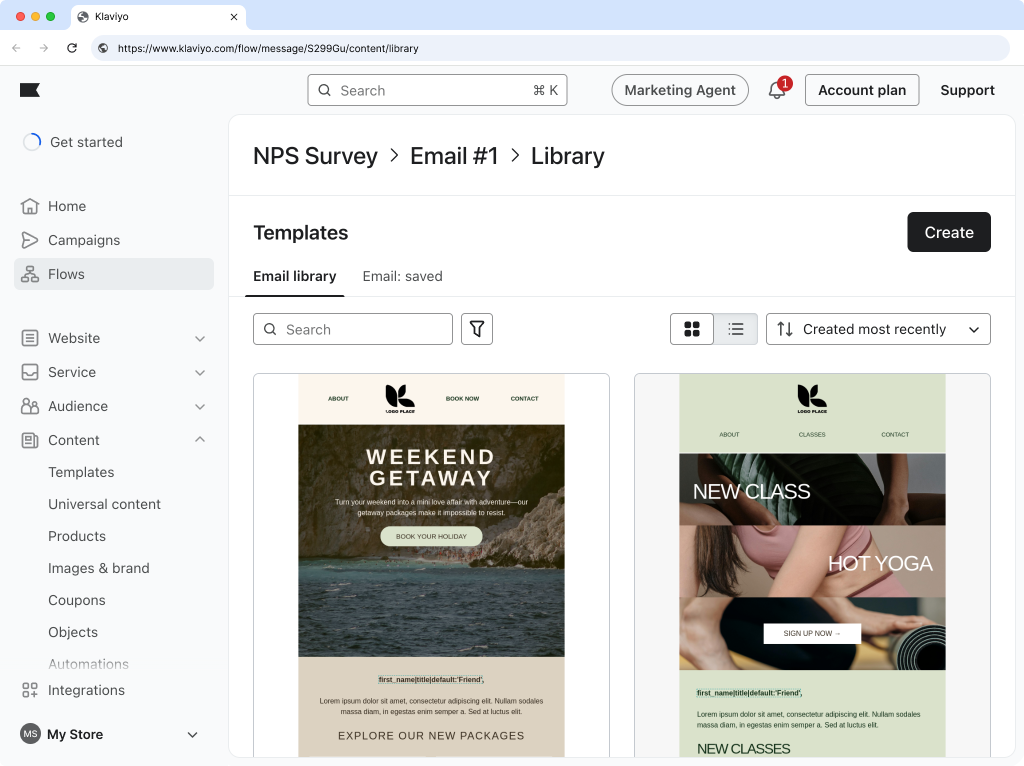 Klaviyo template selection with Create button highlighted