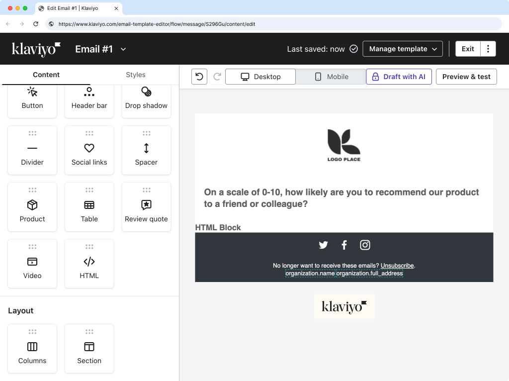 Klaviyo email editor with HTML block being added to template