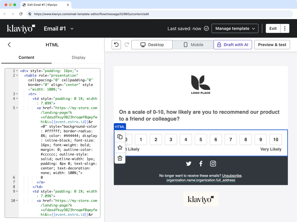 Klaviyo email HTML block with Content field for NPS code