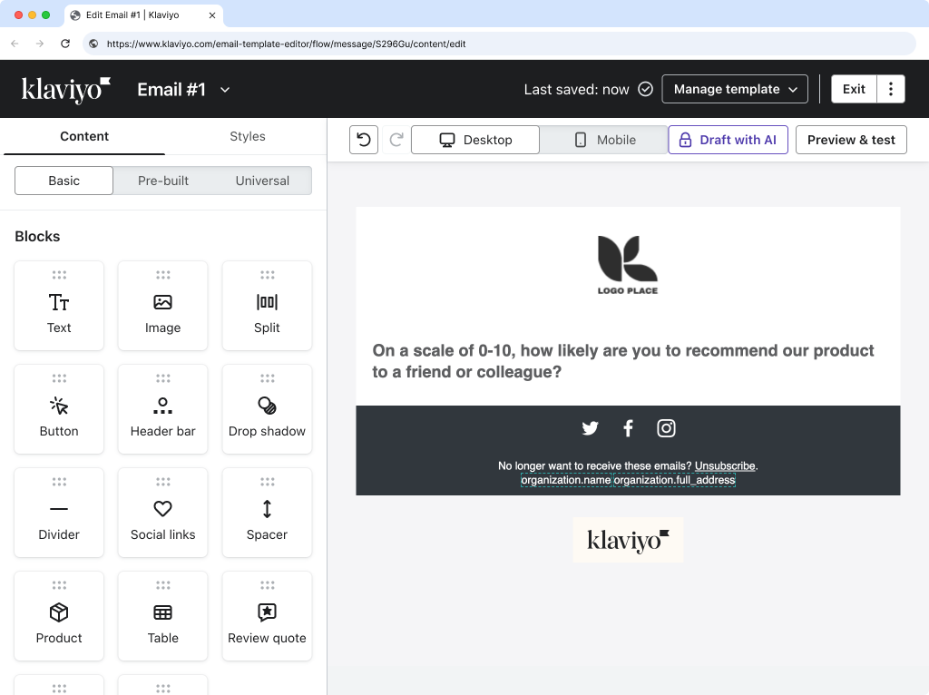 Klaviyo email editor with Text block being added to template