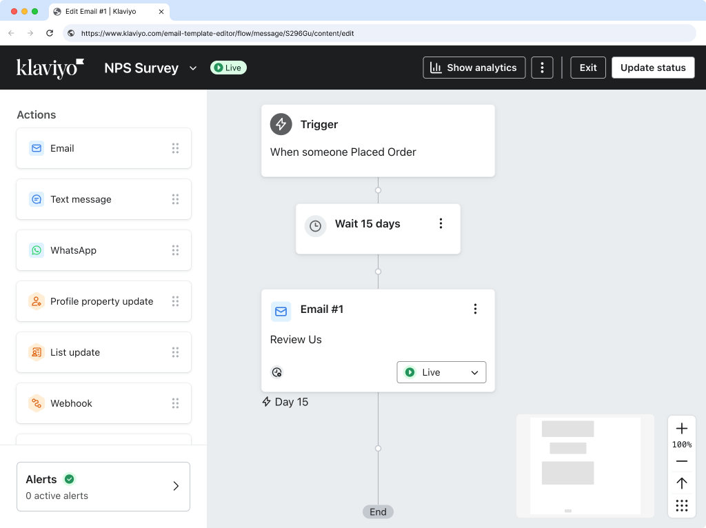 Klaviyo flow showing completed NPS email flow with Live status