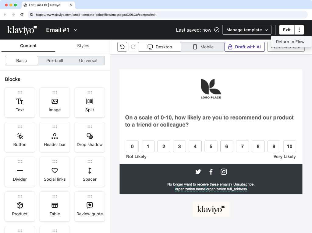 Klaviyo email editor menu with Return to Flow option