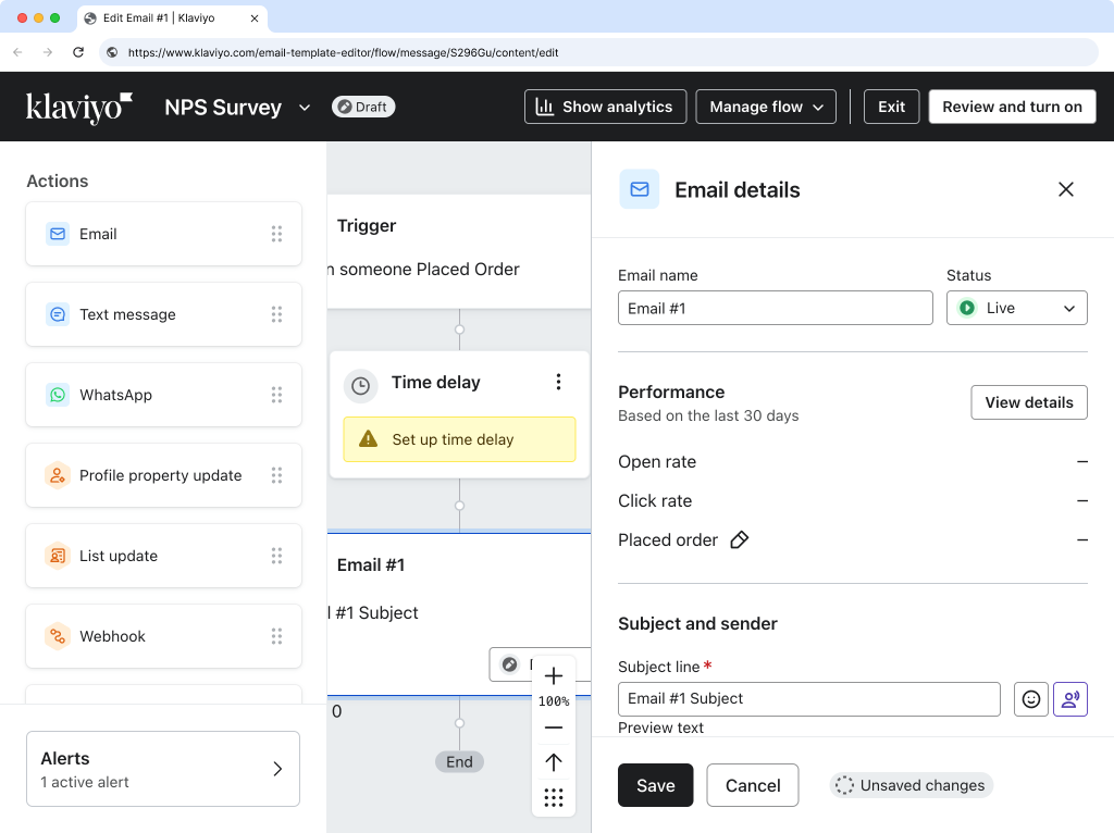 Klaviyo email status dropdown with Live option highlighted