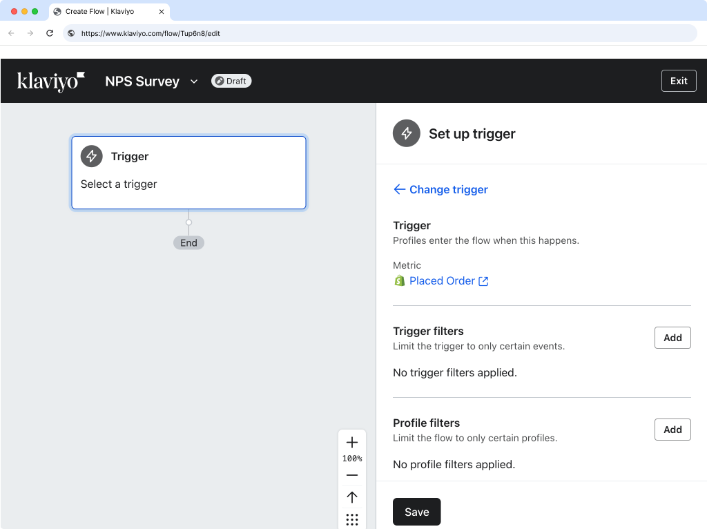 Klaviyo Placed Order trigger with Save button highlighted