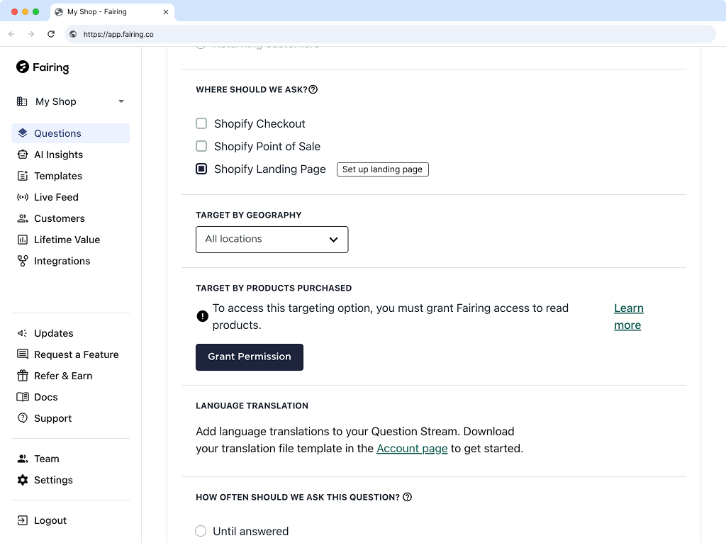Question edit form showing Where should we ask targeting options