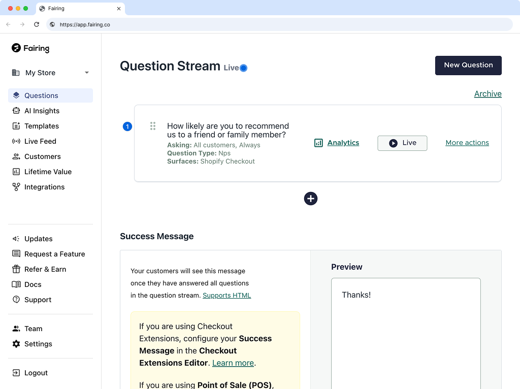 Fairing Questions list page with navigation highlighted