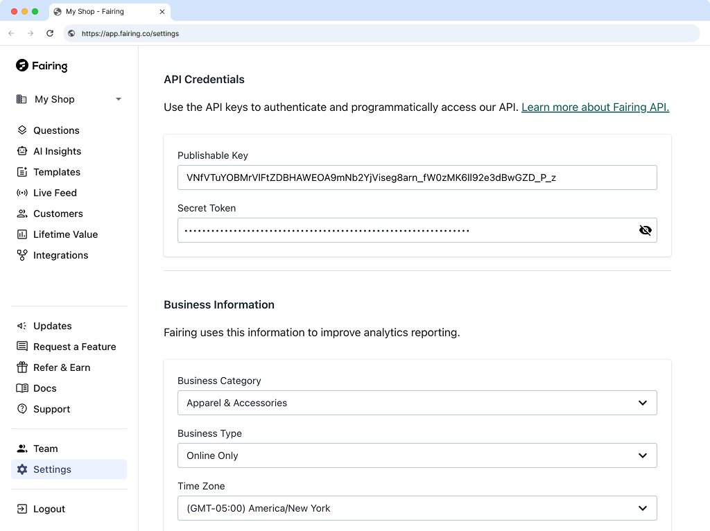 Fairing navigation with Settings menu item highlighted