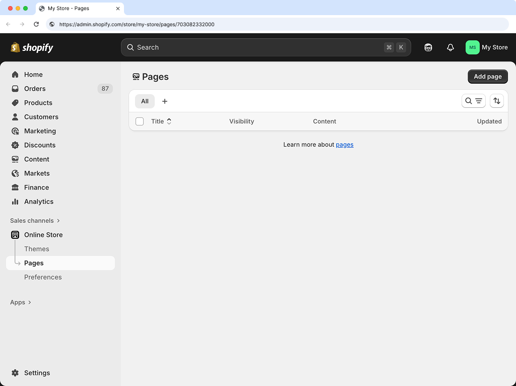 Shopify navigation with Online Store and Pages highlighted