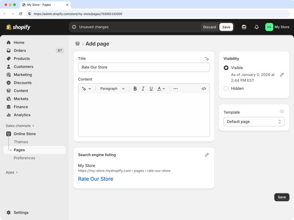 Shopify page editor with Visibility toggle highlighted