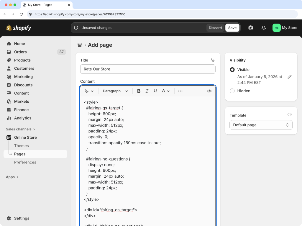 Shopify page editor HTML view showing where to paste code