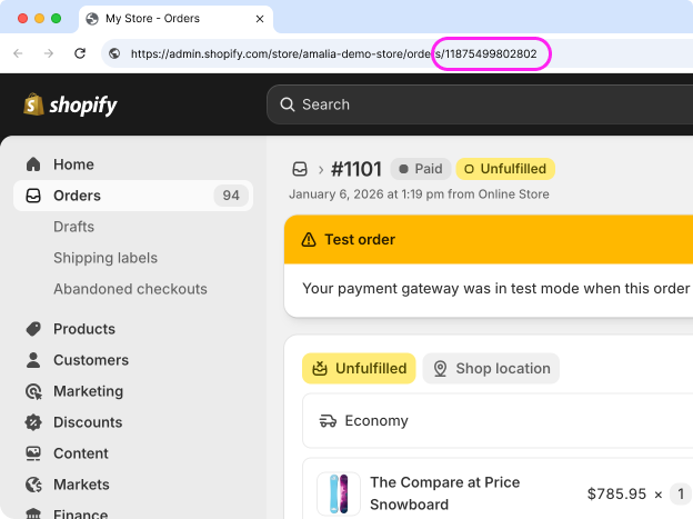 Shopify order detail page with order ID in URL highlighted