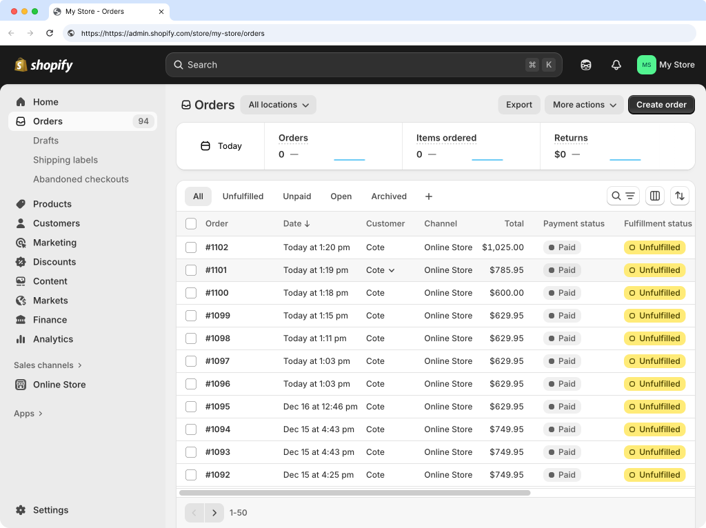Shopify Orders page with an order selected